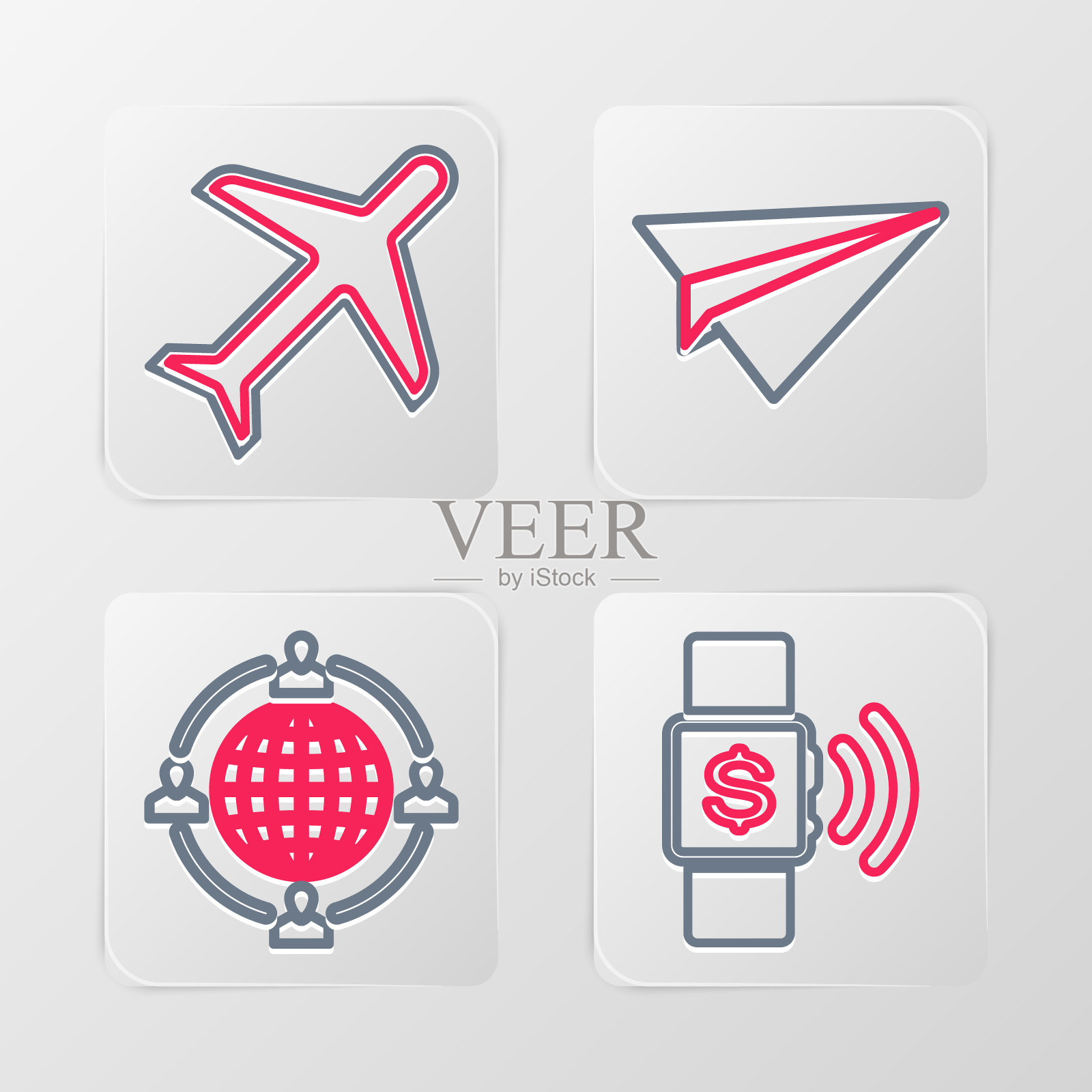 设置线路非接触式支付，外包概念，纸飞机和飞机图标。向量图标素材