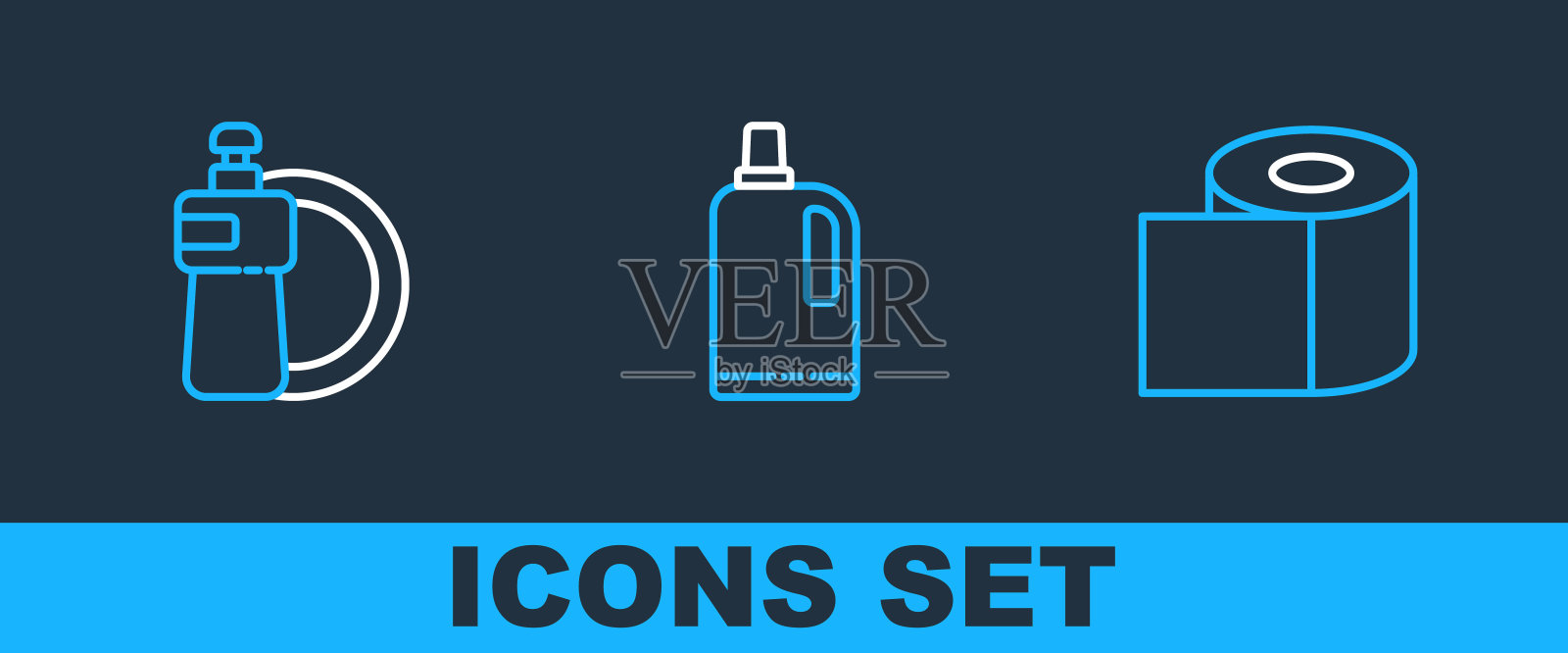 设置线厕纸卷，洗洁精瓶和盘子和织物柔顺剂图标。向量图标素材