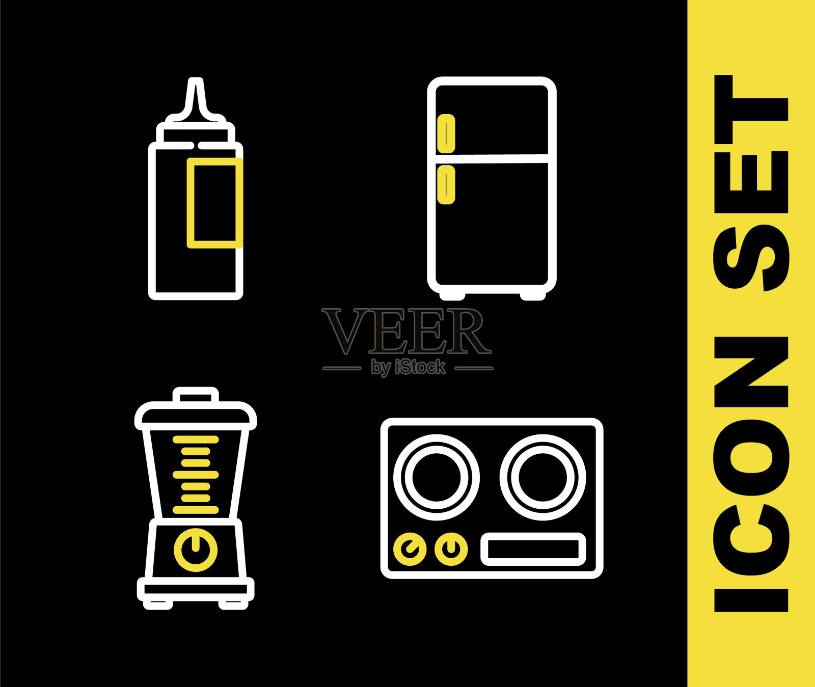 设置线路冰箱，燃气灶，搅拌机和酱瓶图标。向量图标素材