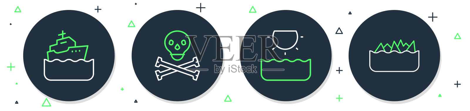 设置线骷髅在交叉骨，太阳，游轮和尖锐的石礁图标。向量插画图片素材