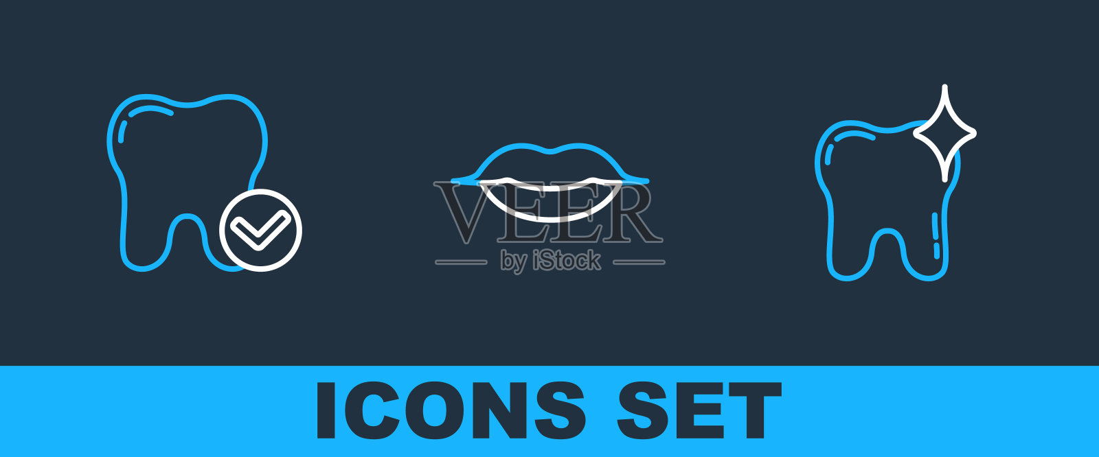 设定线牙齿美白，概念和微笑的嘴唇图标。向量图标素材