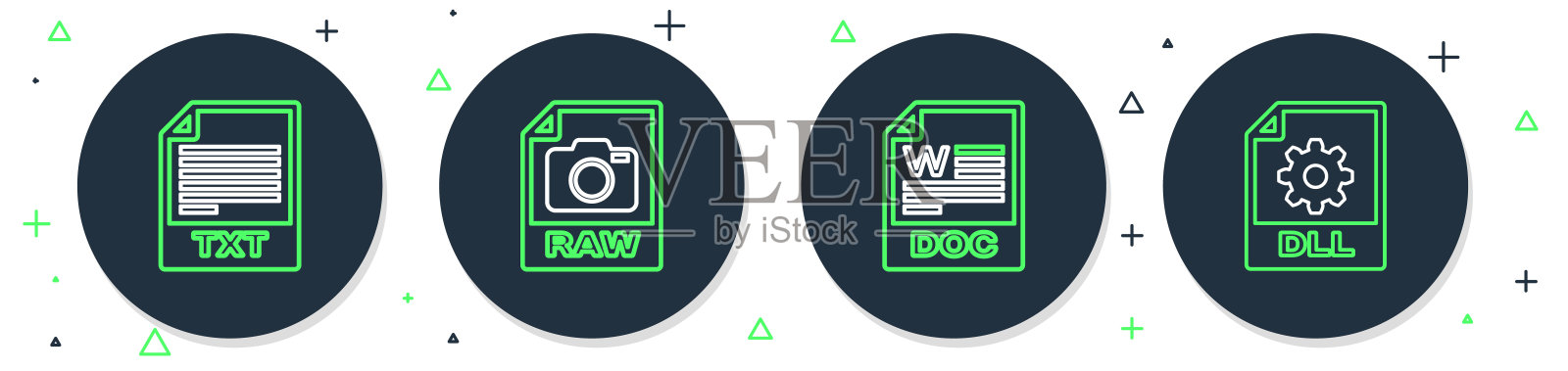 设置行RAW文件文档，DOC, TXT和DLL图标。向量图标素材