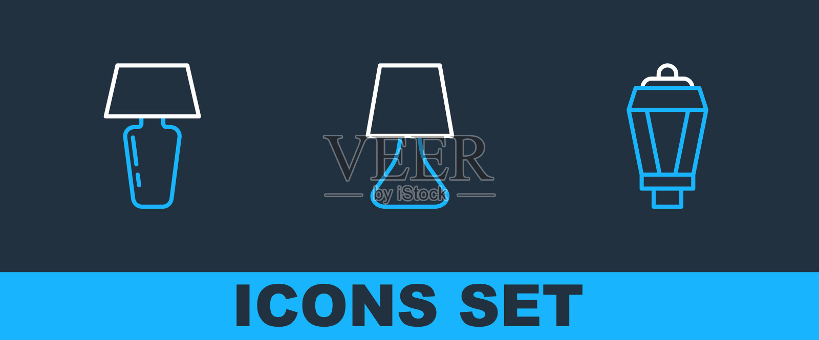 设置线花园灯，桌子和图标。向量图标素材