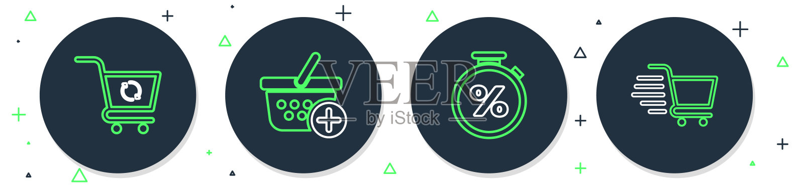 设置行添加到购物篮，秒表和百分比，刷新购物车和图标。向量图标素材