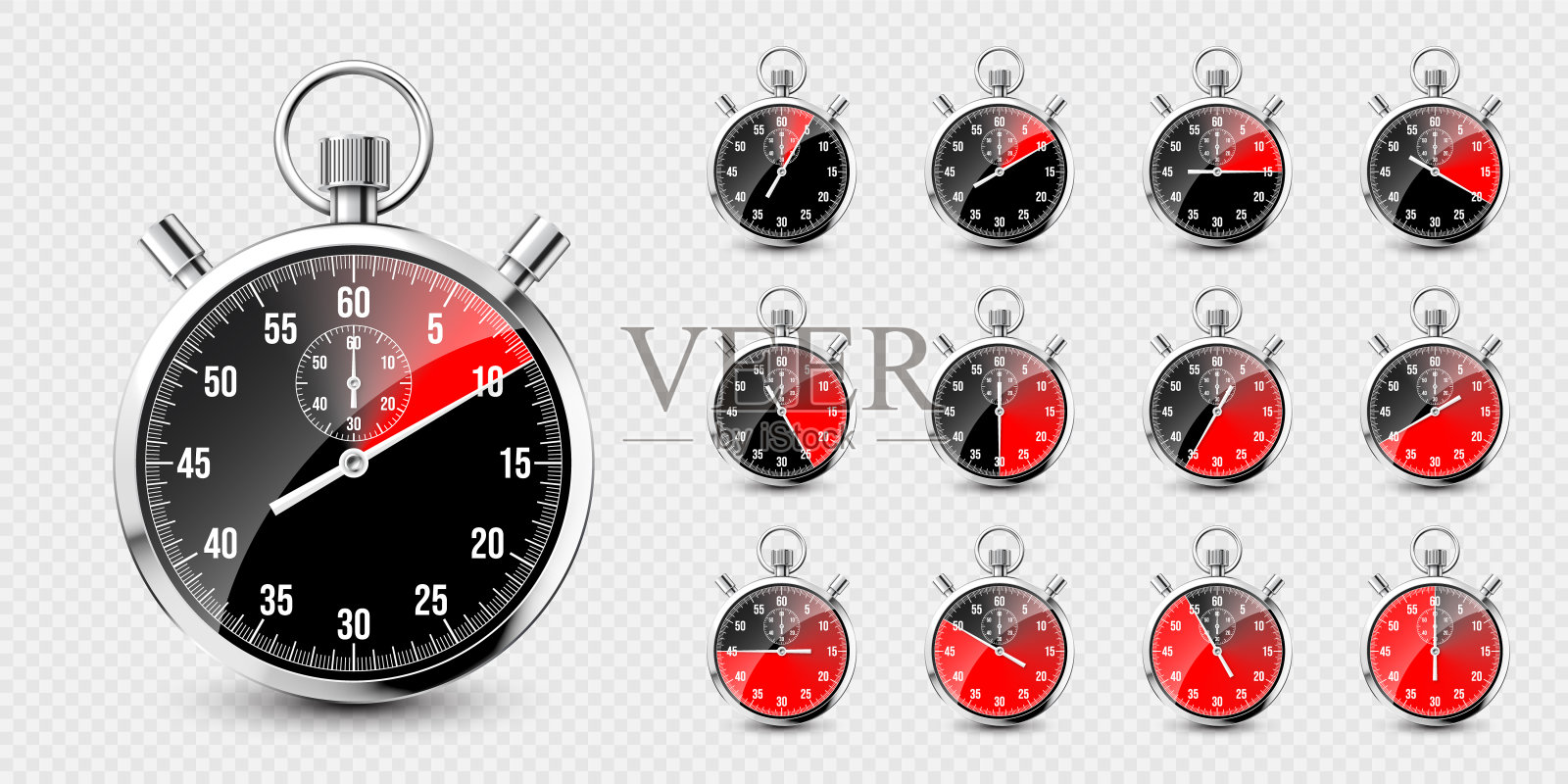 现实的经典秒表。闪亮的金属计时器，带表盘的时间计数器。红色倒计时计时器显示分和秒。运动，开始和结束的时间测量。矢量图插画图片素材