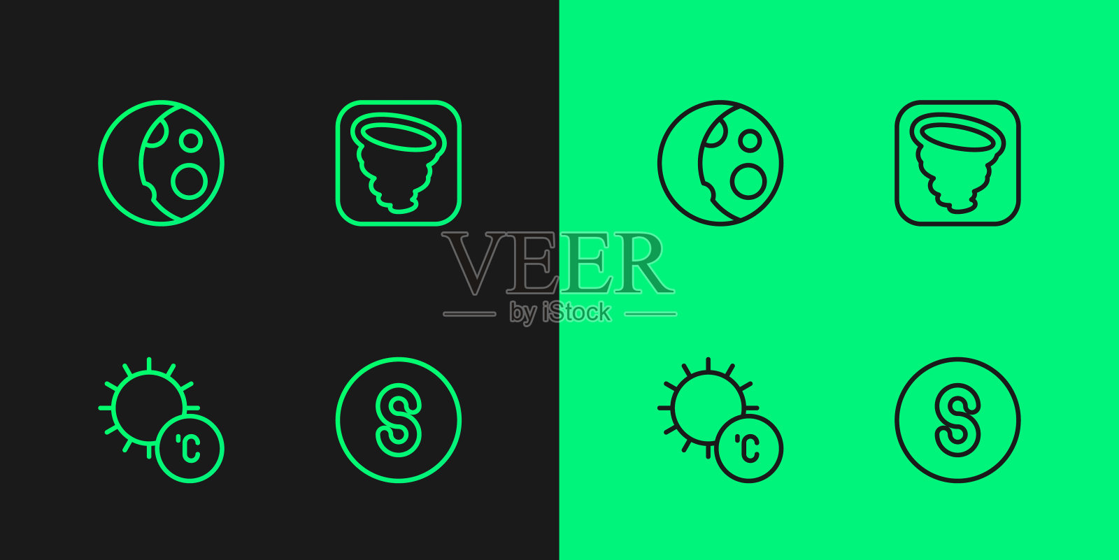 设置线指南针南，太阳，月相和龙卷风图标。向量图标素材