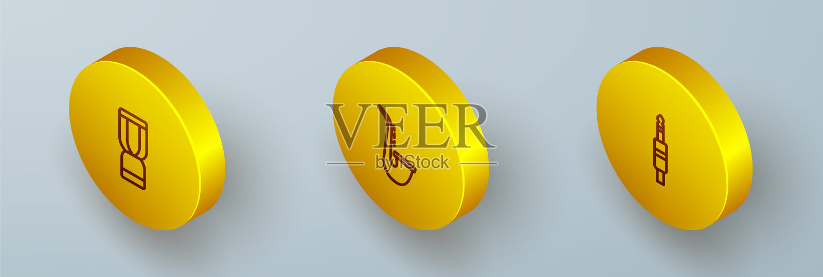 设置等距线非洲djembe鼓，萨克斯管和音频插孔图标。向量图标素材