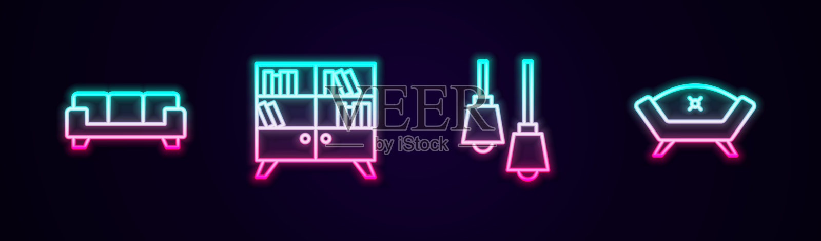 设线沙发、图书馆书架、灯架等。发光的霓虹灯图标。向量插画图片素材