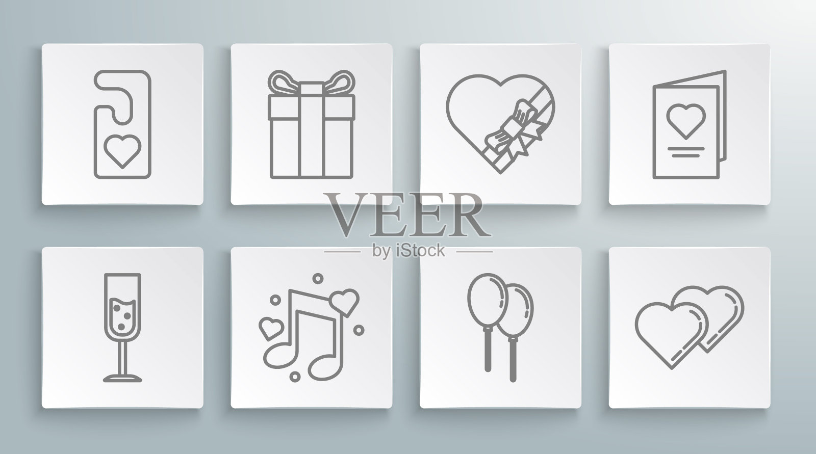 设置线香槟，礼盒，音乐笔记，音调与心，气球丝带，两个相连的心，糖果形状和弓，情人节派对传单和请打扰图标。向量图标素材