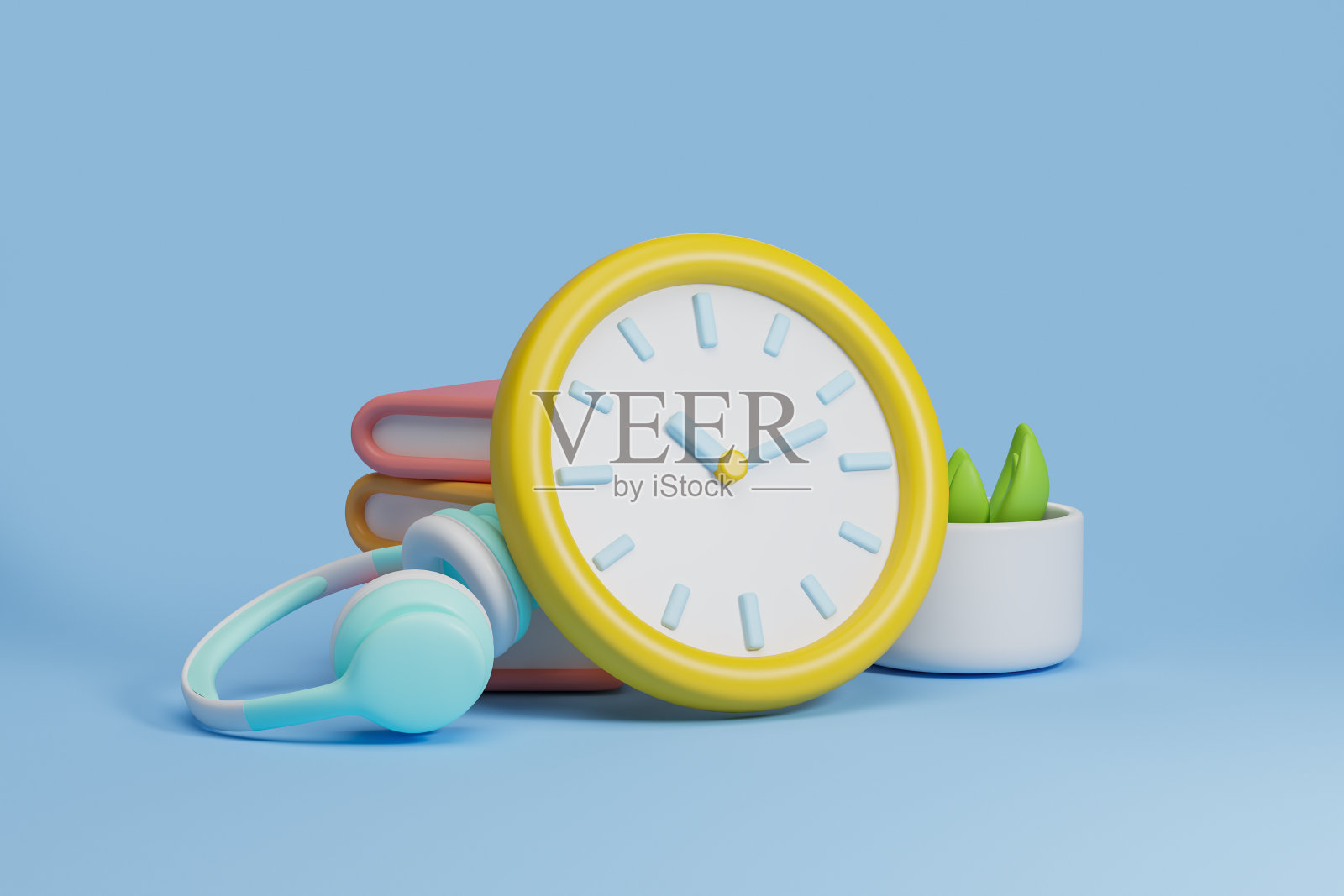 钟站在一摞书旁边照片摄影图片