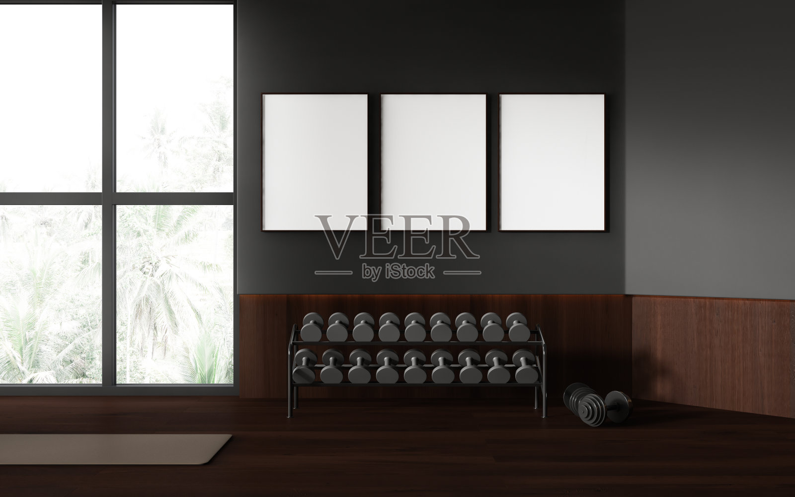 黑暗的健身房室内有哑铃架和垫子，模拟框架照片摄影图片