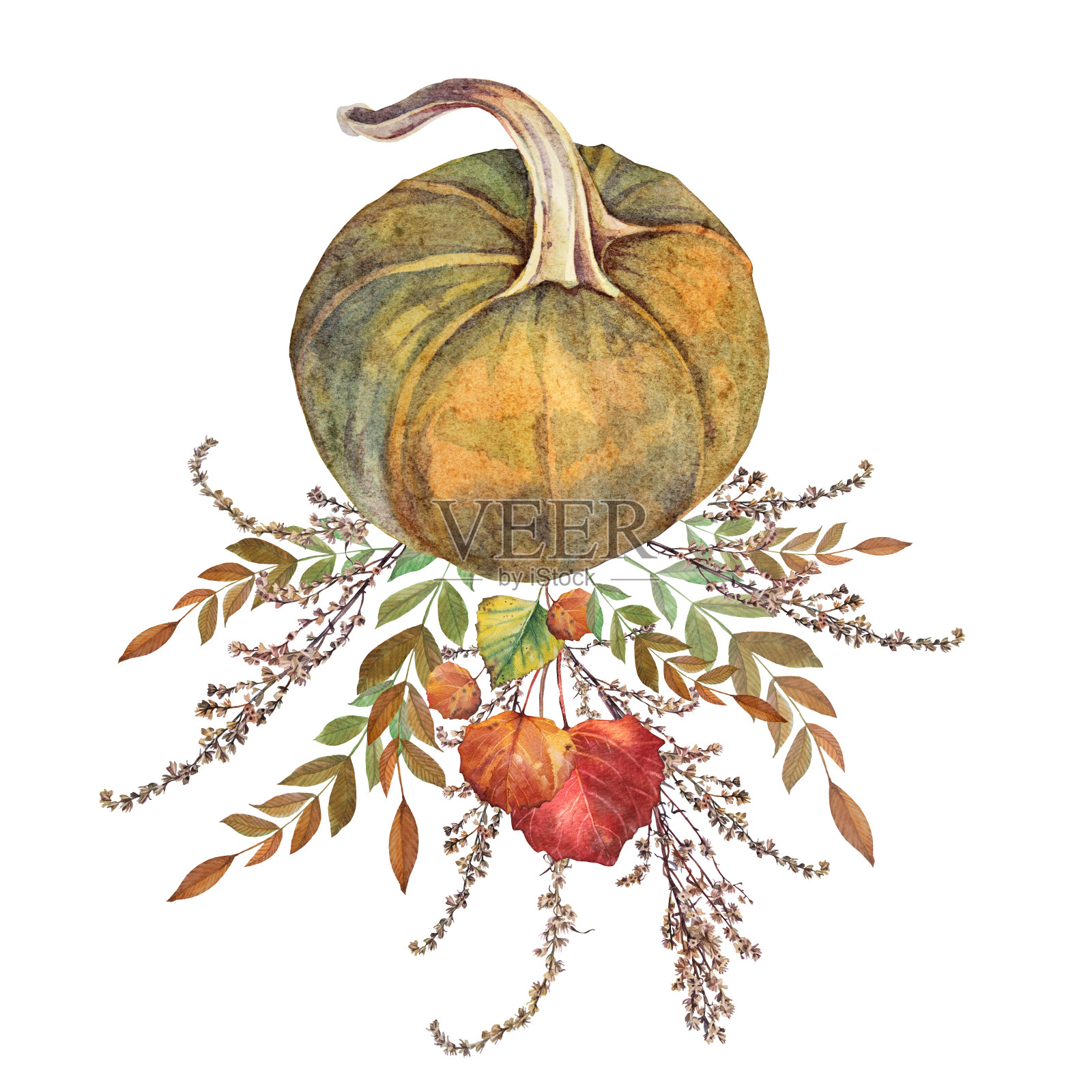 水彩画秋日布置。花束与树叶和南瓜孤立在白色背景。季节性的食物。创意手绘剪纸纺织品明信片，婚礼庆典或包装插画图片素材