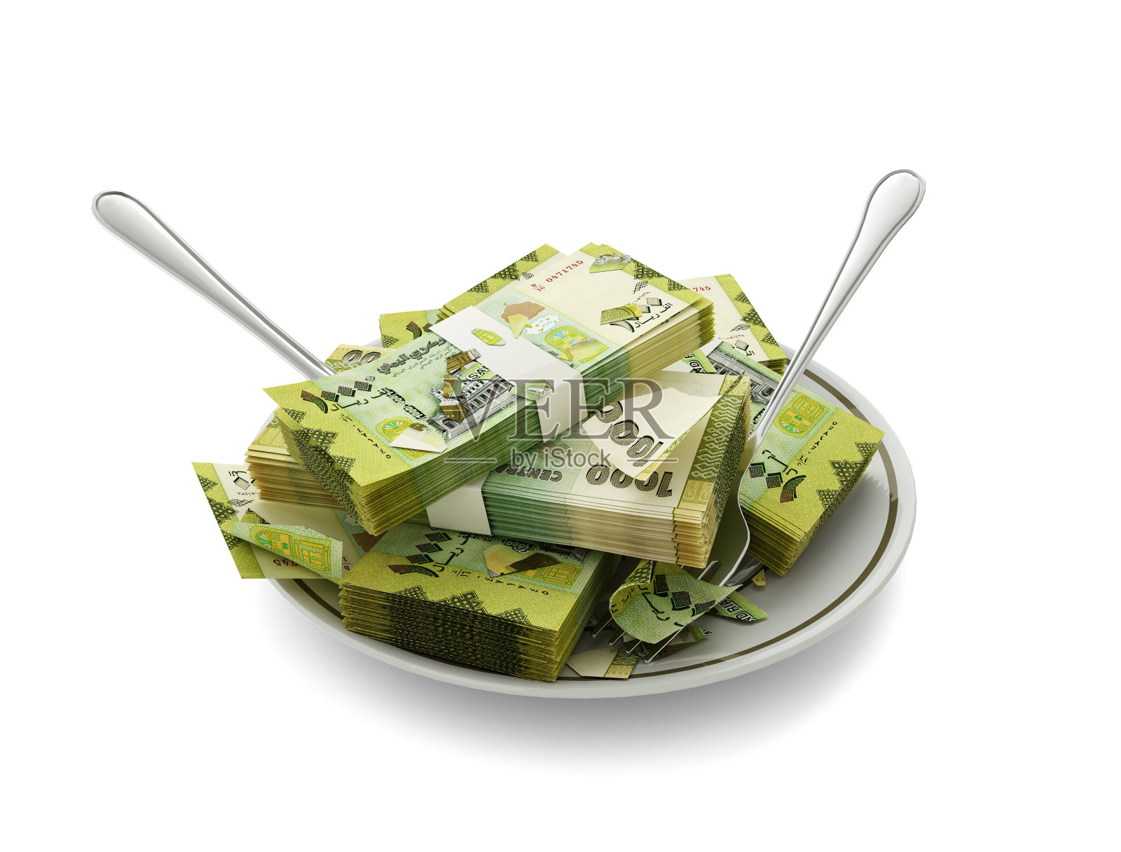 印版上也门里亚尔纸币的3D渲染。钱花在食物概念上。吃饭花钱，吃饭贵，花钱的概念。吃钱，误用钱照片摄影图片