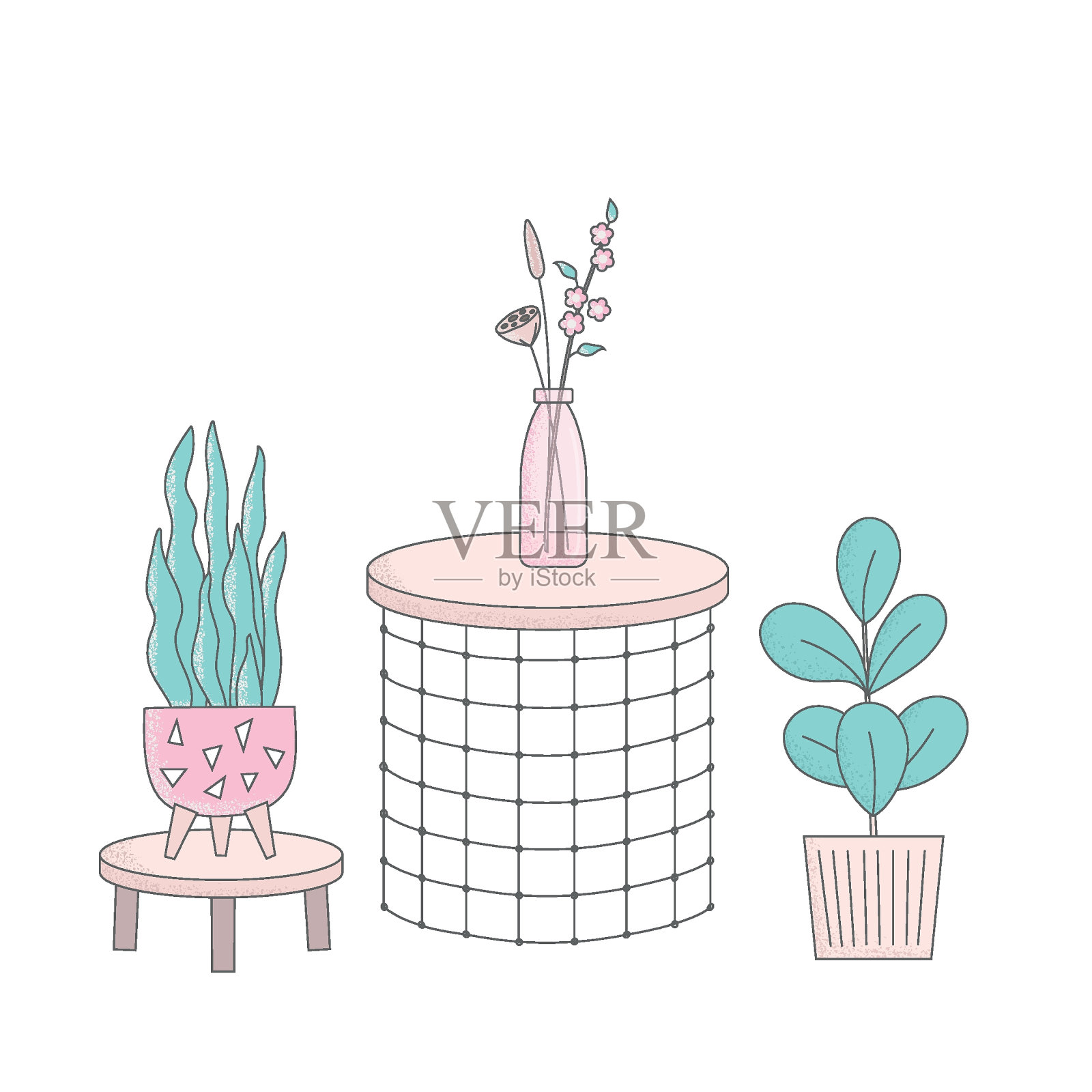 卡通家庭植物在花盆矢量插图。新潮的家居装饰，花瓶，桌子，城市丛林的卡片，故事，网页，横幅。插画图片素材
