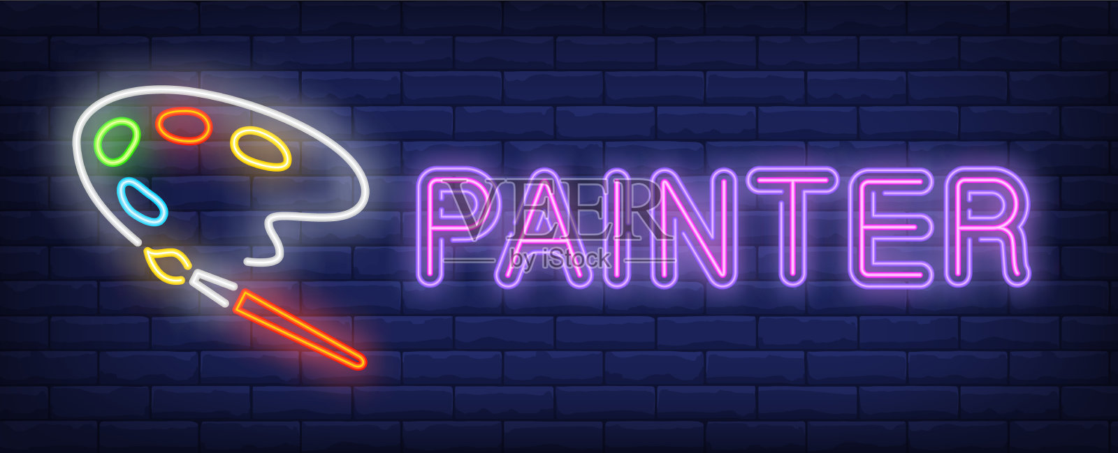 用画笔用调色板绘制霓虹灯文本插画图片素材