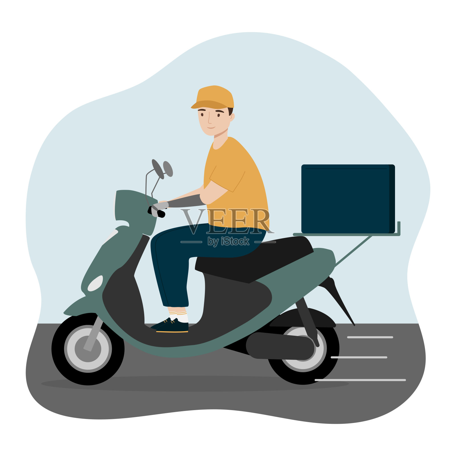 戴着义肢的年轻人骑着电动滑板车。插画图片素材