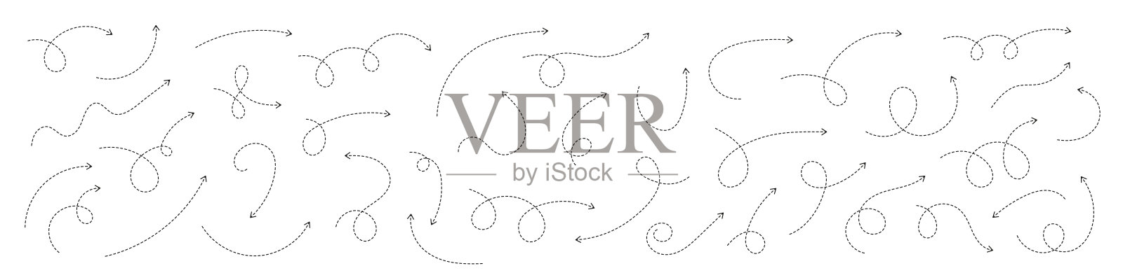 曲线虚线箭头。带虚线的锯齿形箭头条纹设计。插画图片素材