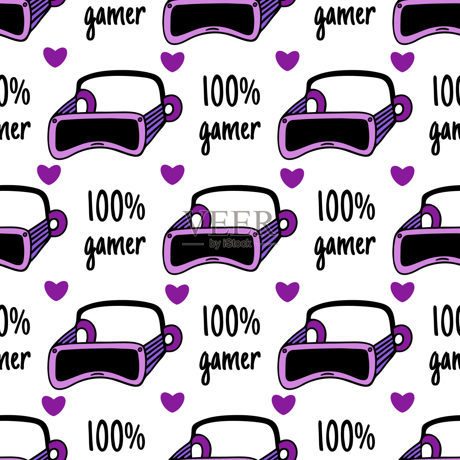 VR头戴式耳机无缝矢量图案。眼镜，虚拟或增强现实头盔，100%的游戏玩家。明亮的现代科技，游戏设备，3D。平面卡通背景包装，海报，印刷，网页插画图片素材