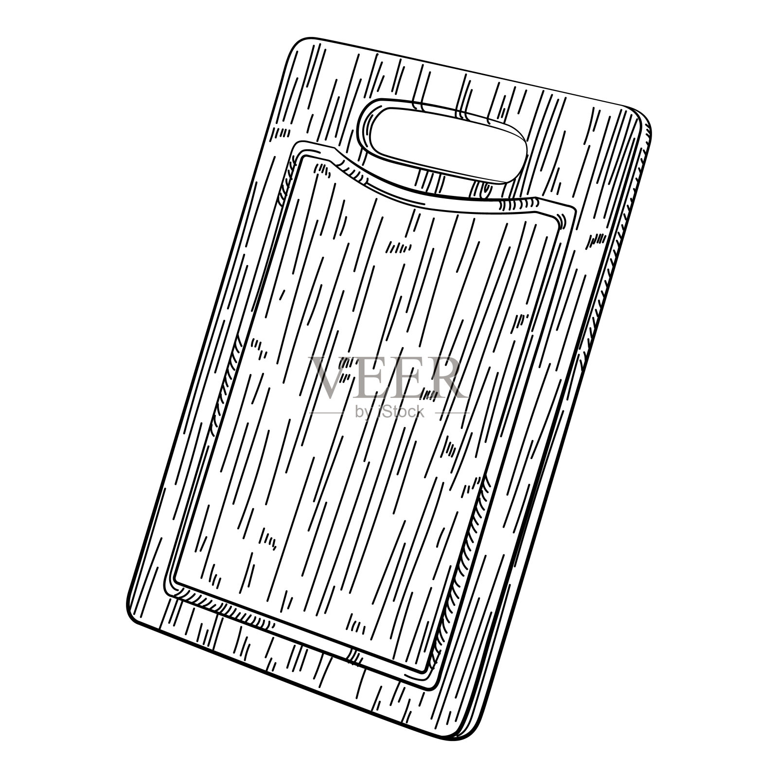 手绘切割长方形木板，手柄隔离在白色。厨房用具草图。雕刻风格。插画图片素材