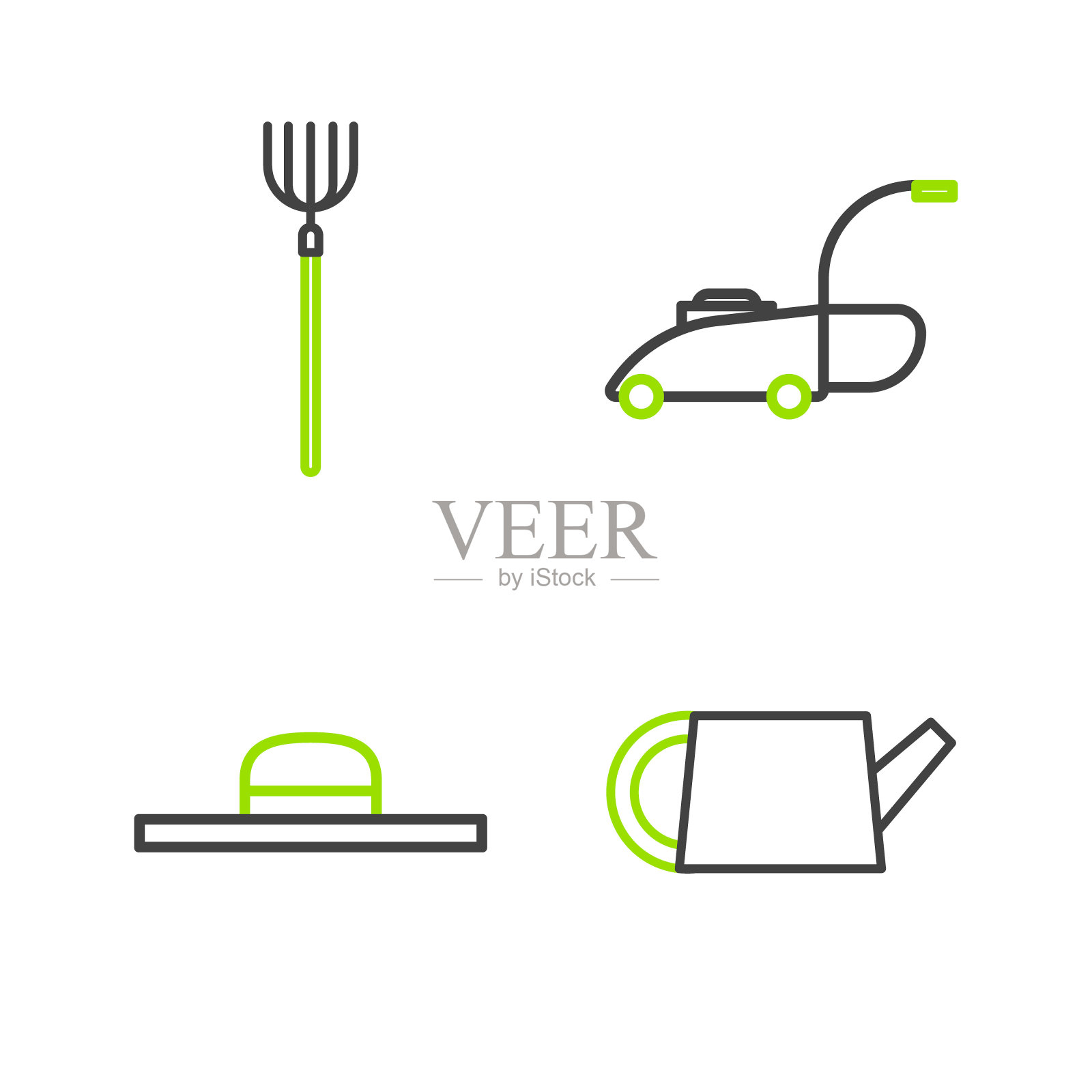 设置线浇水罐，工人帽，割草机和花园干草叉图标。向量插画图片素材