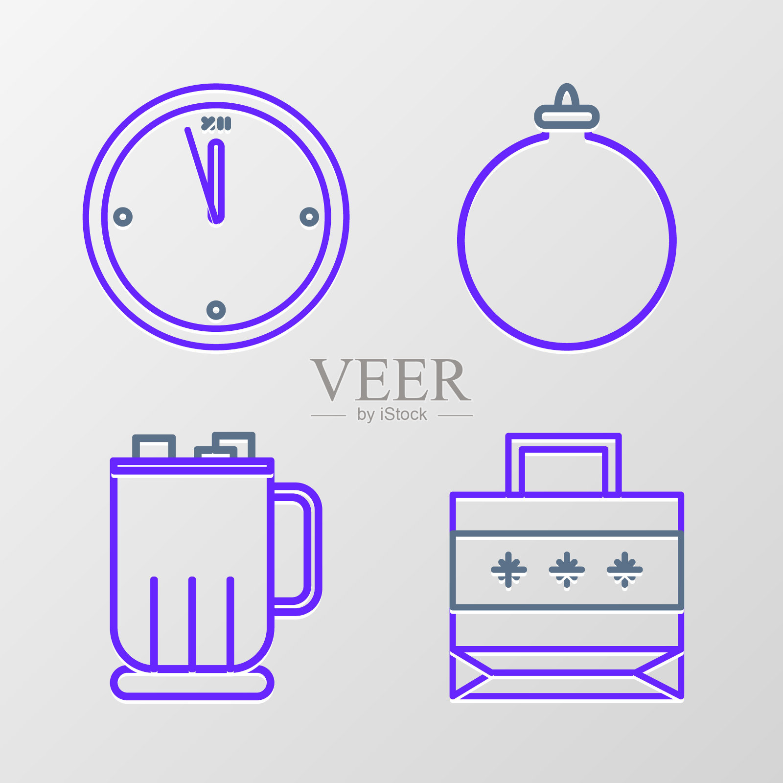 设置线圣诞纸购物袋，热巧克力杯与棉花糖，球和时钟图标。向量图标素材