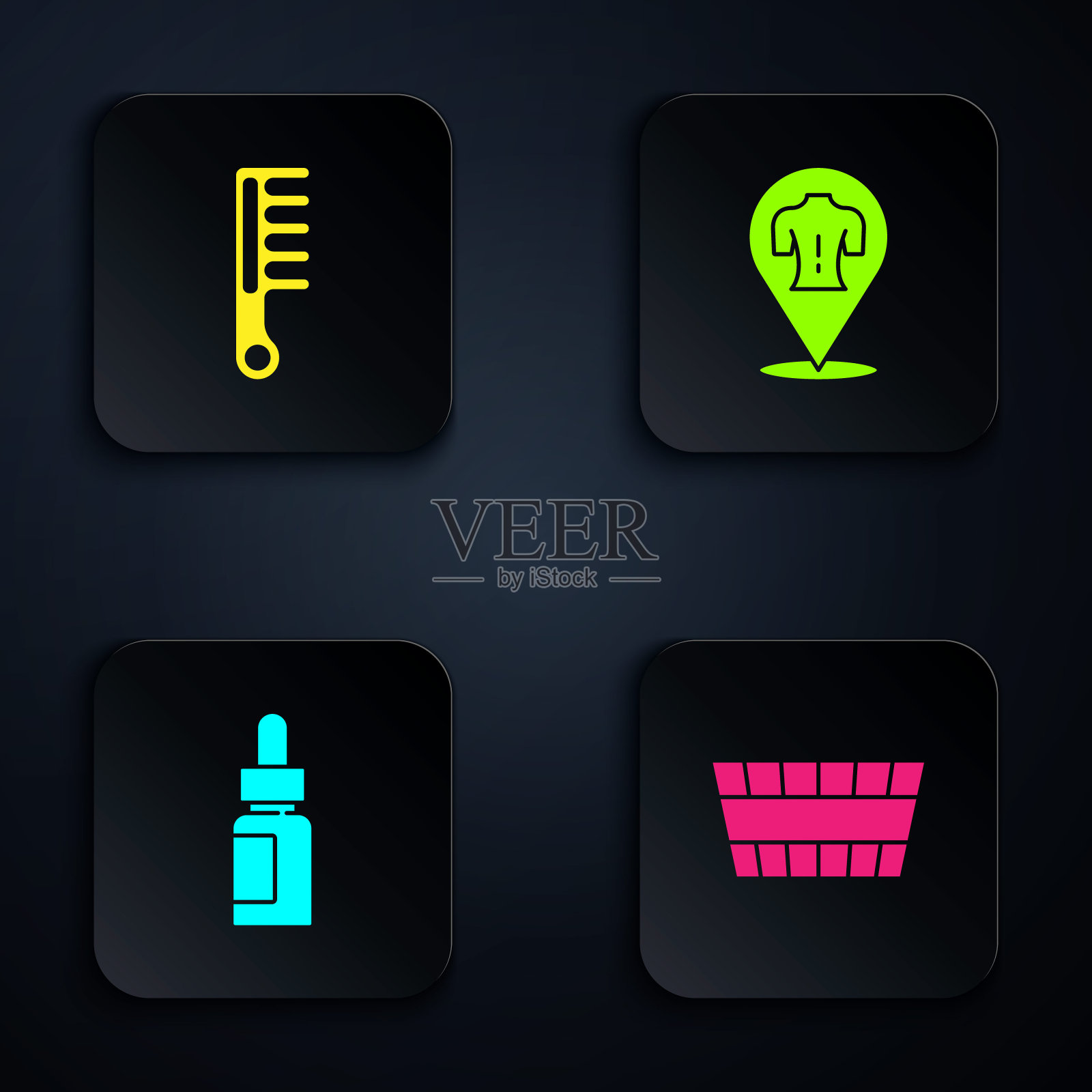 桑拿桶，发刷，精油瓶，按摩。黑色方形按钮。向量插画图片素材