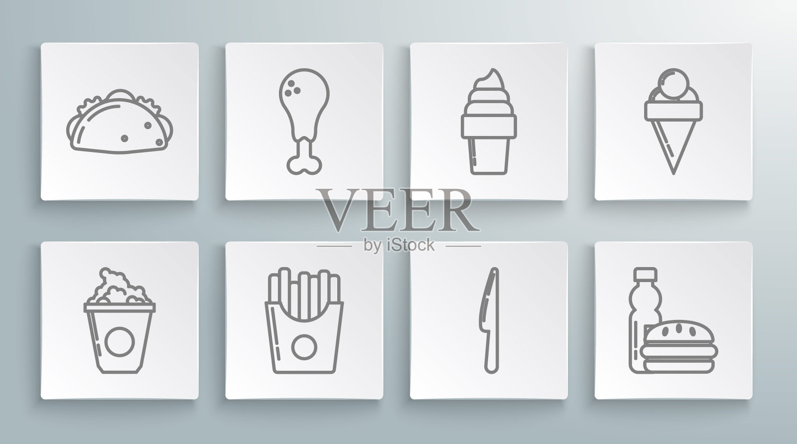 设线爆米花纸箱，鸡腿，土豆薯条纸箱包装，刀，瓶装水和汉堡，冰淇淋华夫蛋筒，玉米饼图标。向量图标素材