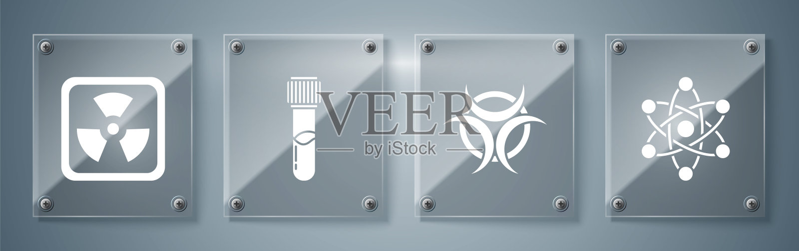 集原子，生物危害符号，试管和烧瓶化学和放射性。方形玻璃板。向量插画图片素材