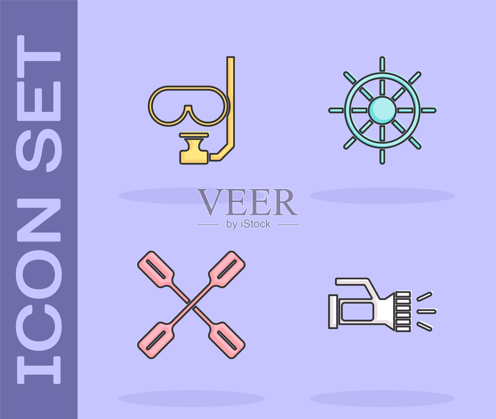 设置手电筒，潜水面罩和通气管，桨和船舶方向盘图标。向量图标素材