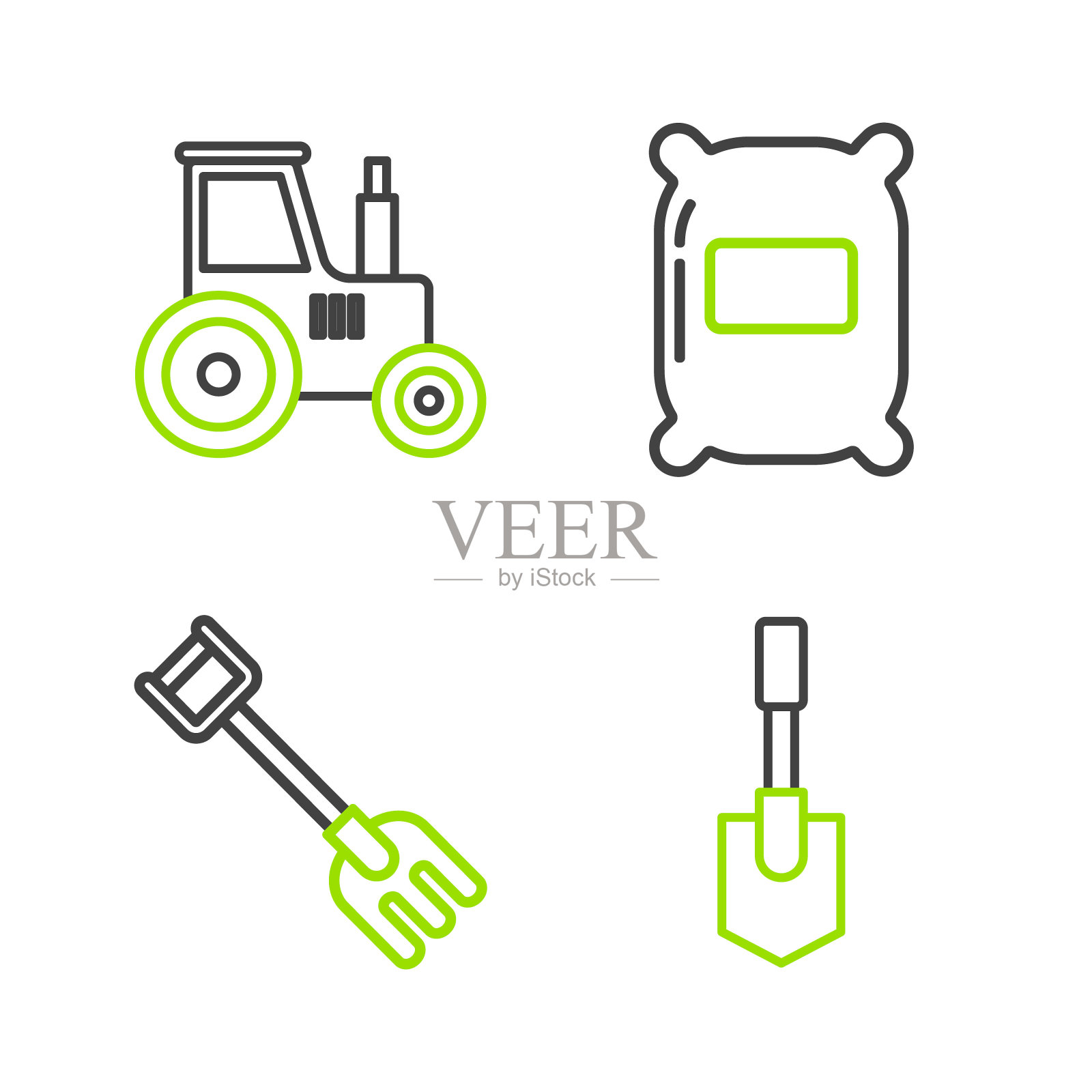 设置线铲，花园耙，面粉袋和拖拉机图标。向量插画图片素材