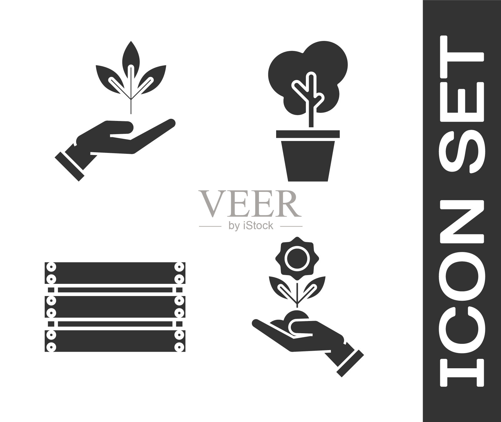 集捧花之手、环保之手、木盒、树盆之图标。向量图标素材