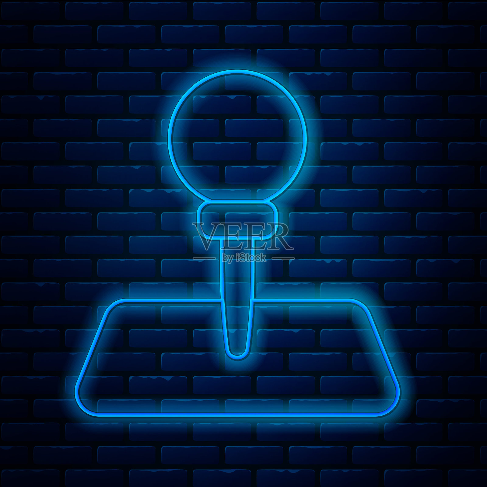 发光的霓虹灯线推针图标孤立的砖墙背景。图钉的迹象。向量插画图片素材