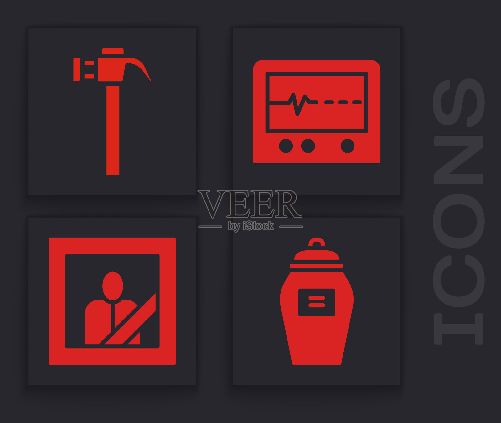 设置葬礼瓮，锤子，Beat dead在显示器和哀悼相框图标。向量图标素材