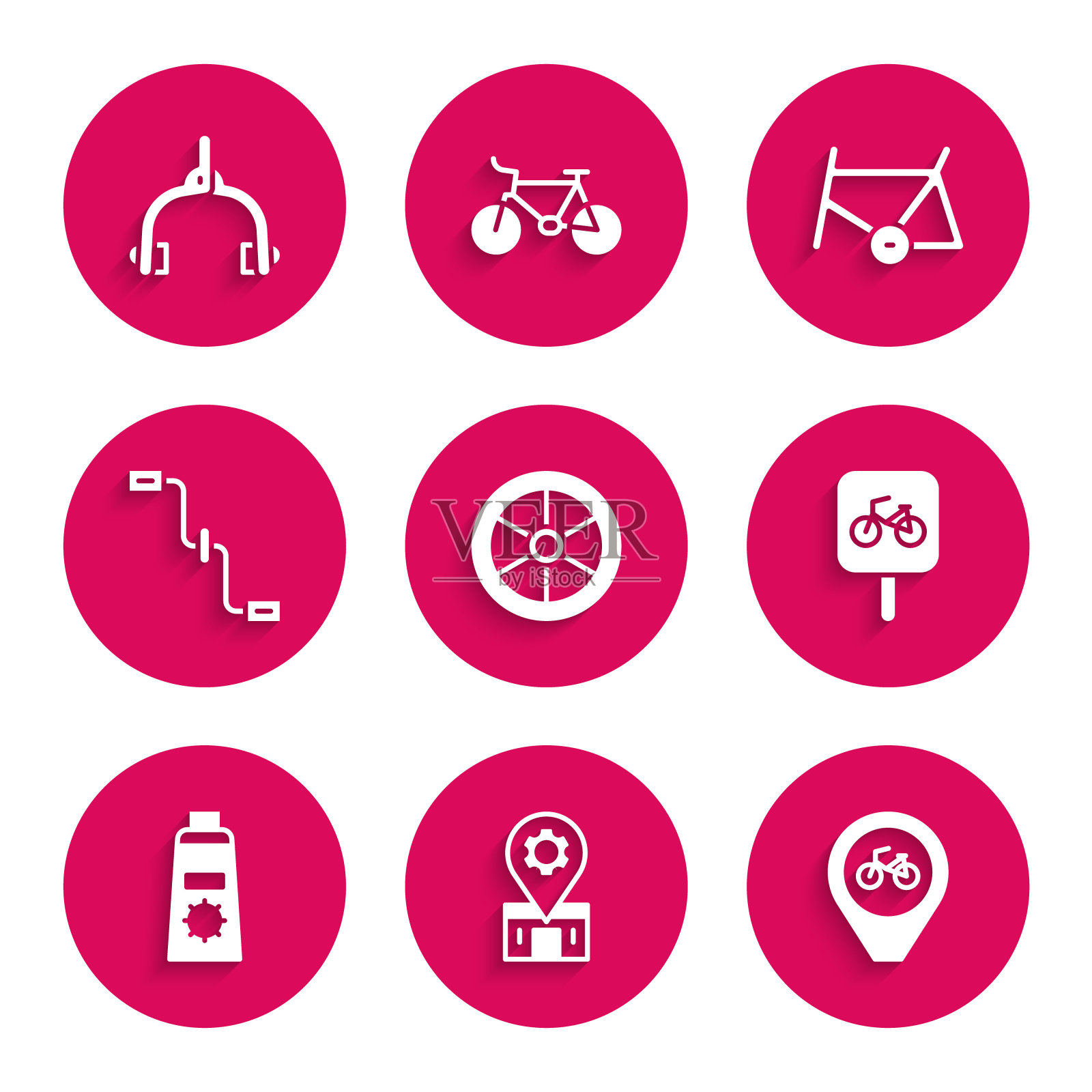 集自行车车轮，维修服务，位置与自行车，停车，防晒乳管，踏板，框架和制动卡钳图标。向量图标素材