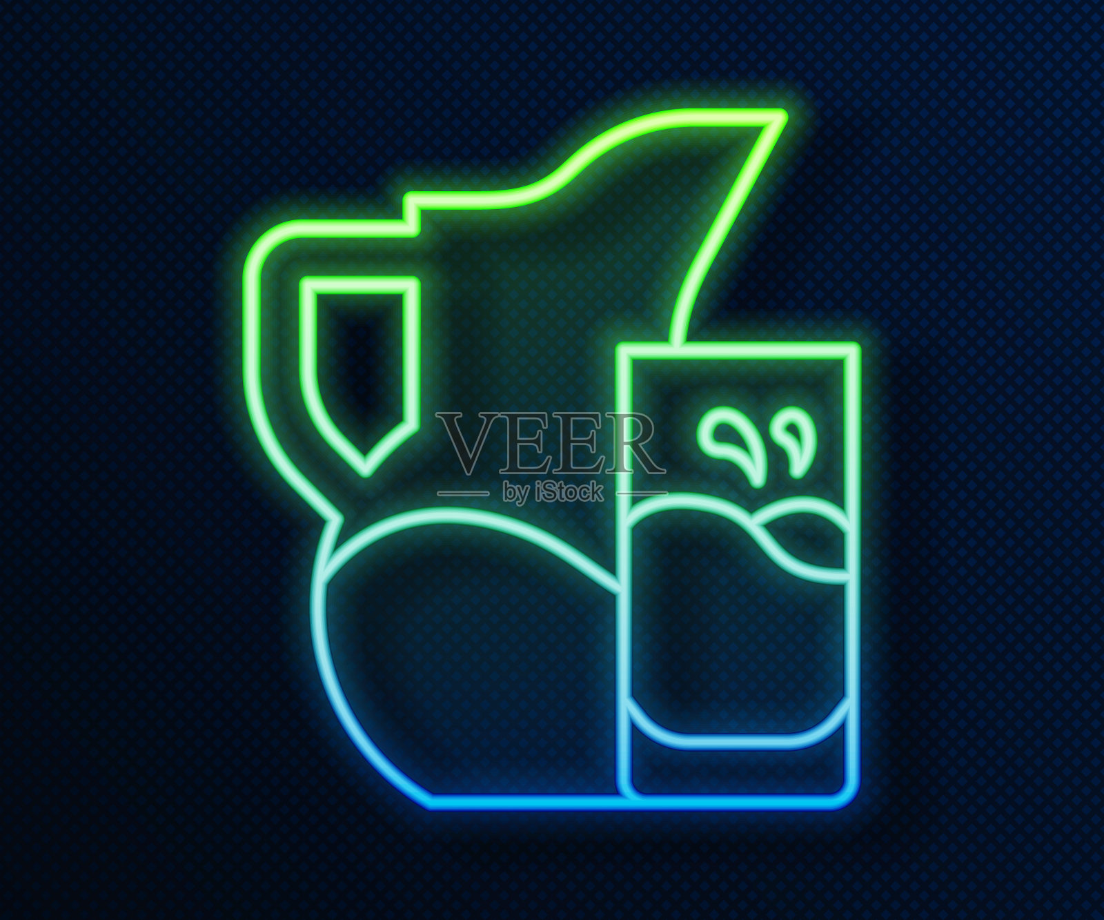 发光的霓虹灯线牛奶罐或水罐和玻璃图标孤立的蓝色背景。向量插画图片素材