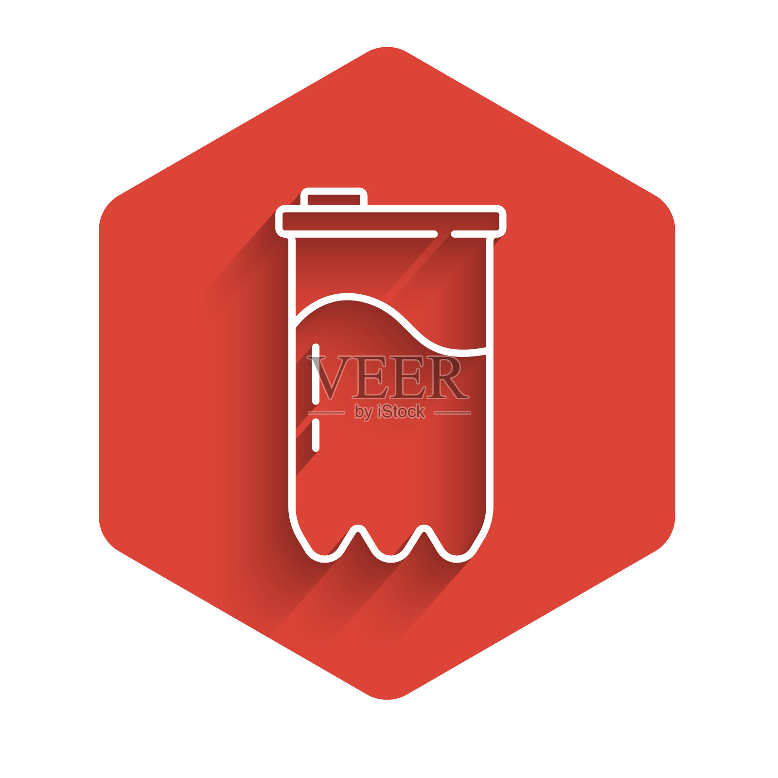 白线水滤芯图标隔离与长阴影。红色六边形按钮。向量插画图片素材