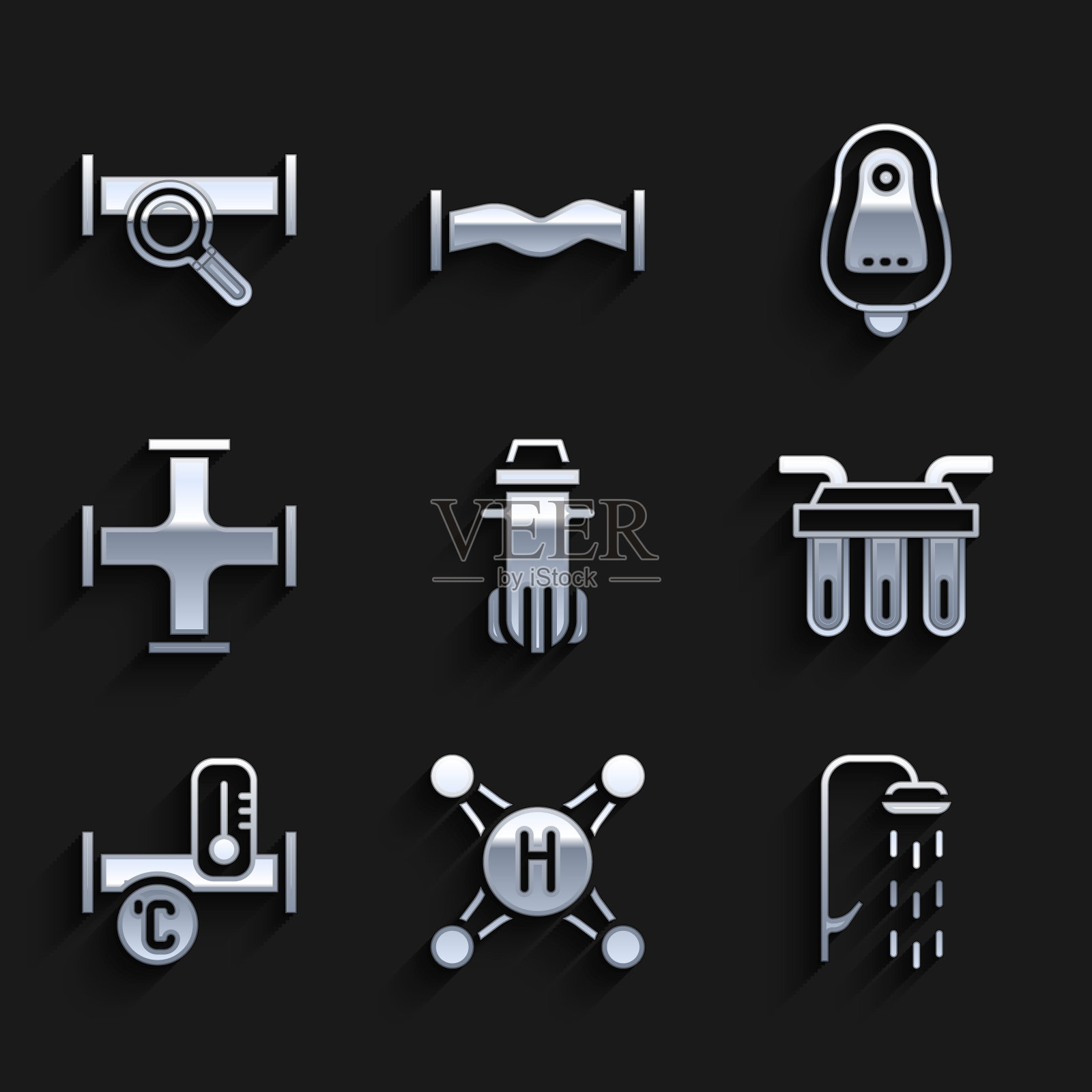 集水过滤器，水龙头，淋浴，工业金属管，厕所小便器或马桶和图标。向量图标素材