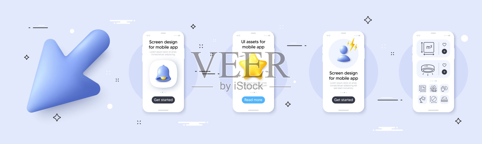 Led灯，床垫和平面图线图标包。用于web应用程序。手机屏幕模型。向量插画图片素材