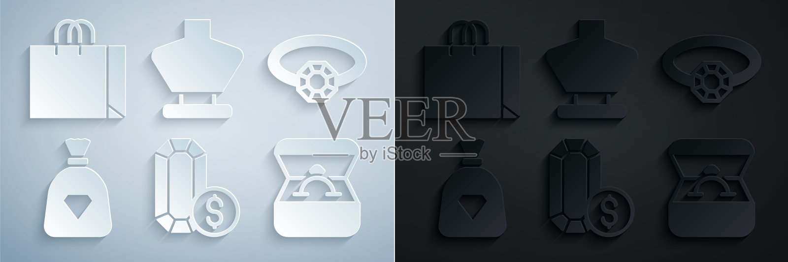 集珠宝网上购物，钻石订婚戒指，袋与宝石，盒子，项链人体模型和购物袋珠宝图标。向量图标素材