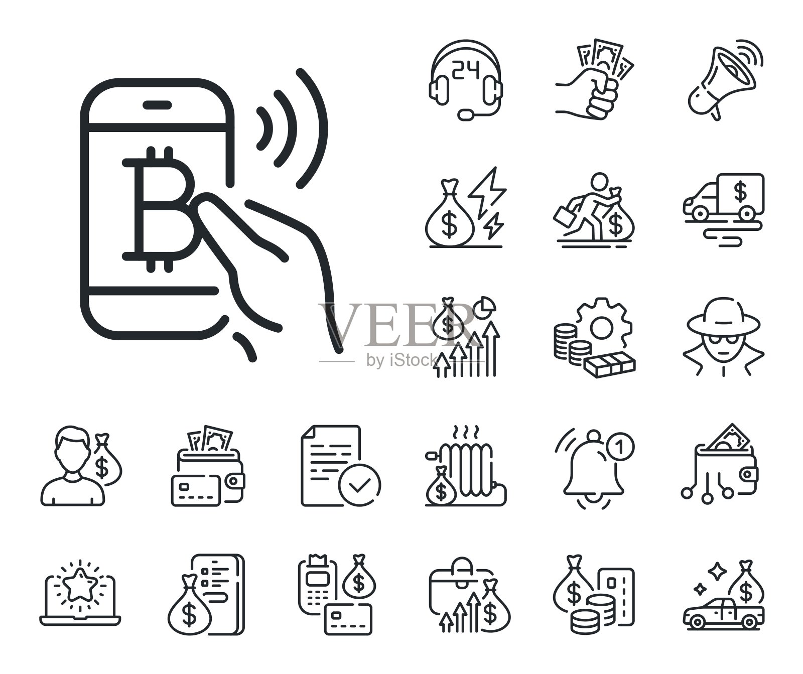 比特币移动支付线路图标。Cryptocurrency迹象。现金、贷款和抵押。向量图标素材