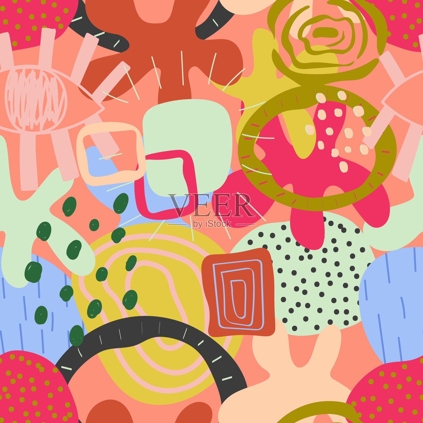 抽象的无缝图案与涂鸦自由形状的壁纸设计。几何形状。极简风格矢量印花插画图片素材