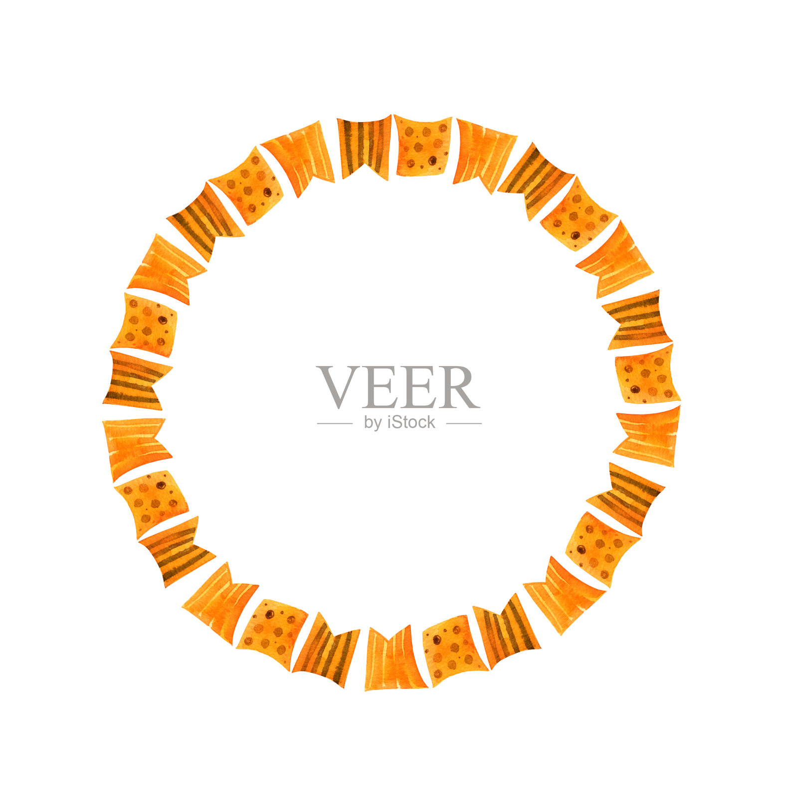 水彩圆花环与不同的旗帜，手绘插图与花环的旗帜，橙色孤立的白色背景插画图片素材