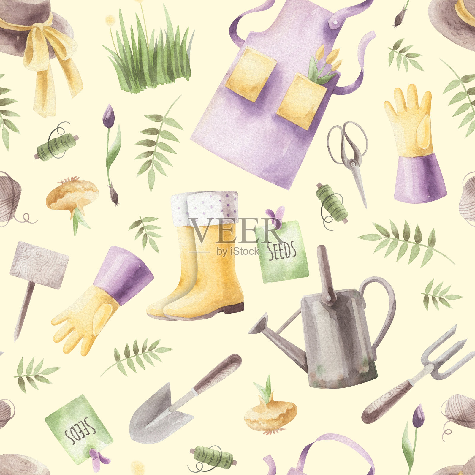 水彩无缝图案上的花园工具的主题。插画图片素材