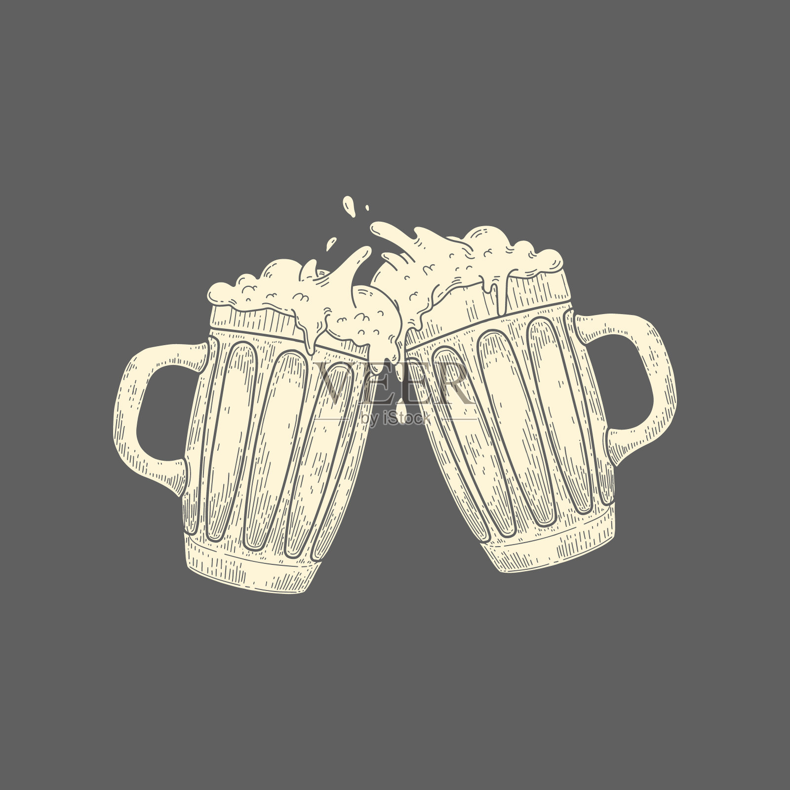 两个烤啤酒杯。复古的啤酒杯。用于海报，菜单，横幅。插画图片素材