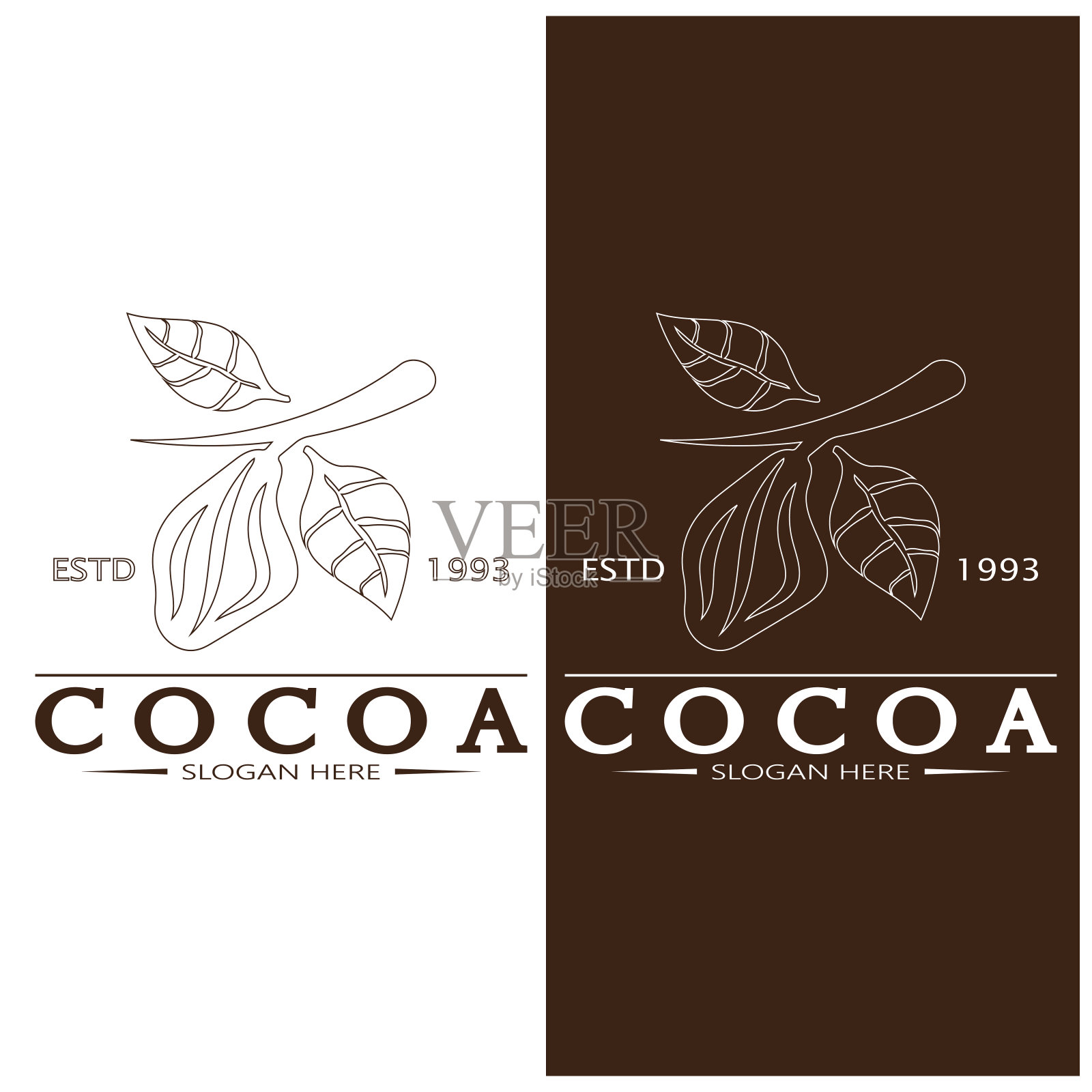 可可标志，可可豆，可可树，可可树枝和叶子，巧克力混合在白色背景上，复古，现代，简单，极简主义的图标说明模板设计向量插画图片素材