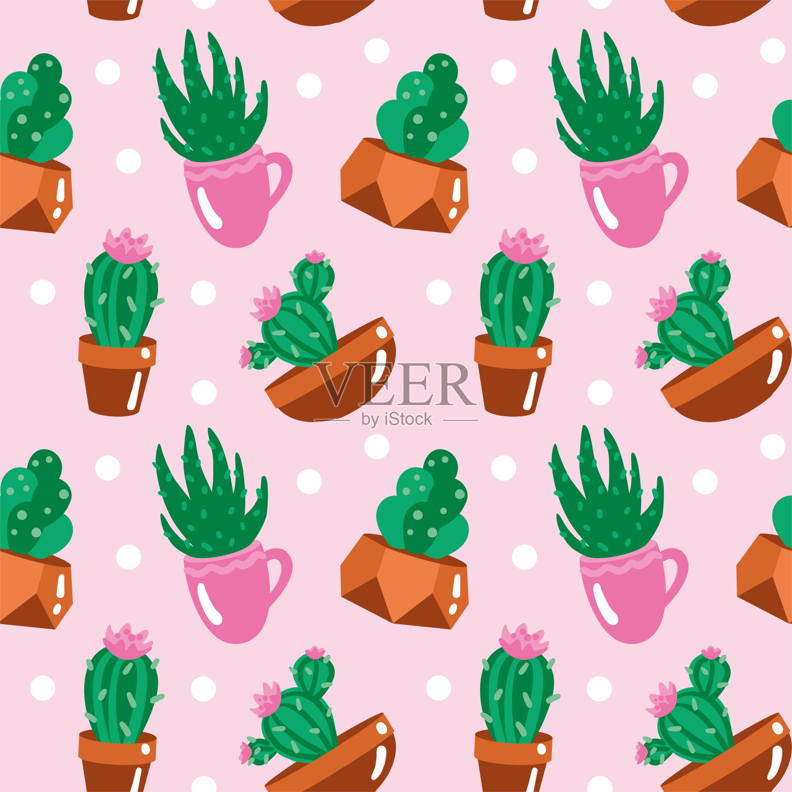 可爱的仙人掌在粉红色的背景陶瓷锅。家里的花。插画图片素材
