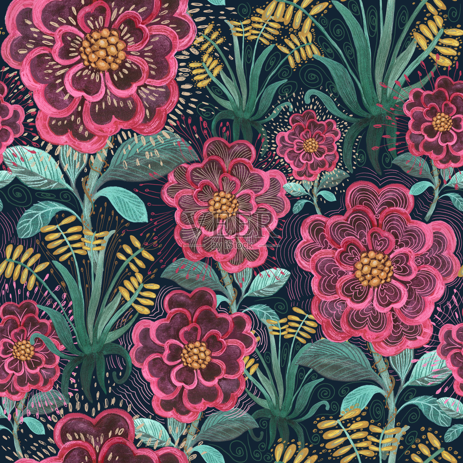 大大小小的可爱的花。水彩插图。深蓝底纹织物，衣服，成人和儿童，床上用品。插画图片素材