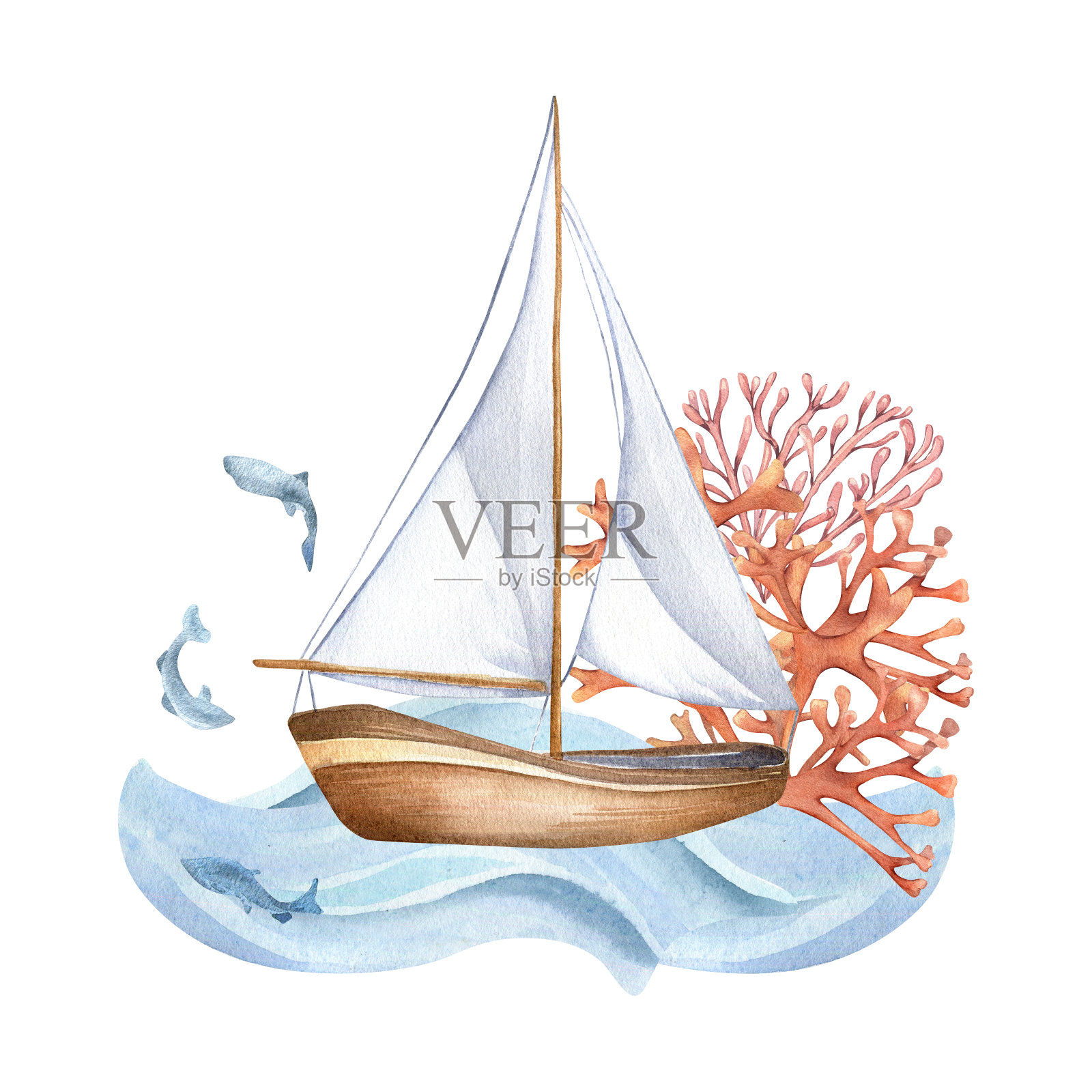 帆船复古风格水彩画的构图孤立在白色。帆船，波浪上的船，珊瑚，鱼手绘。幼稚的设计，男孩的元素，男孩的房间，印刷品插画图片素材