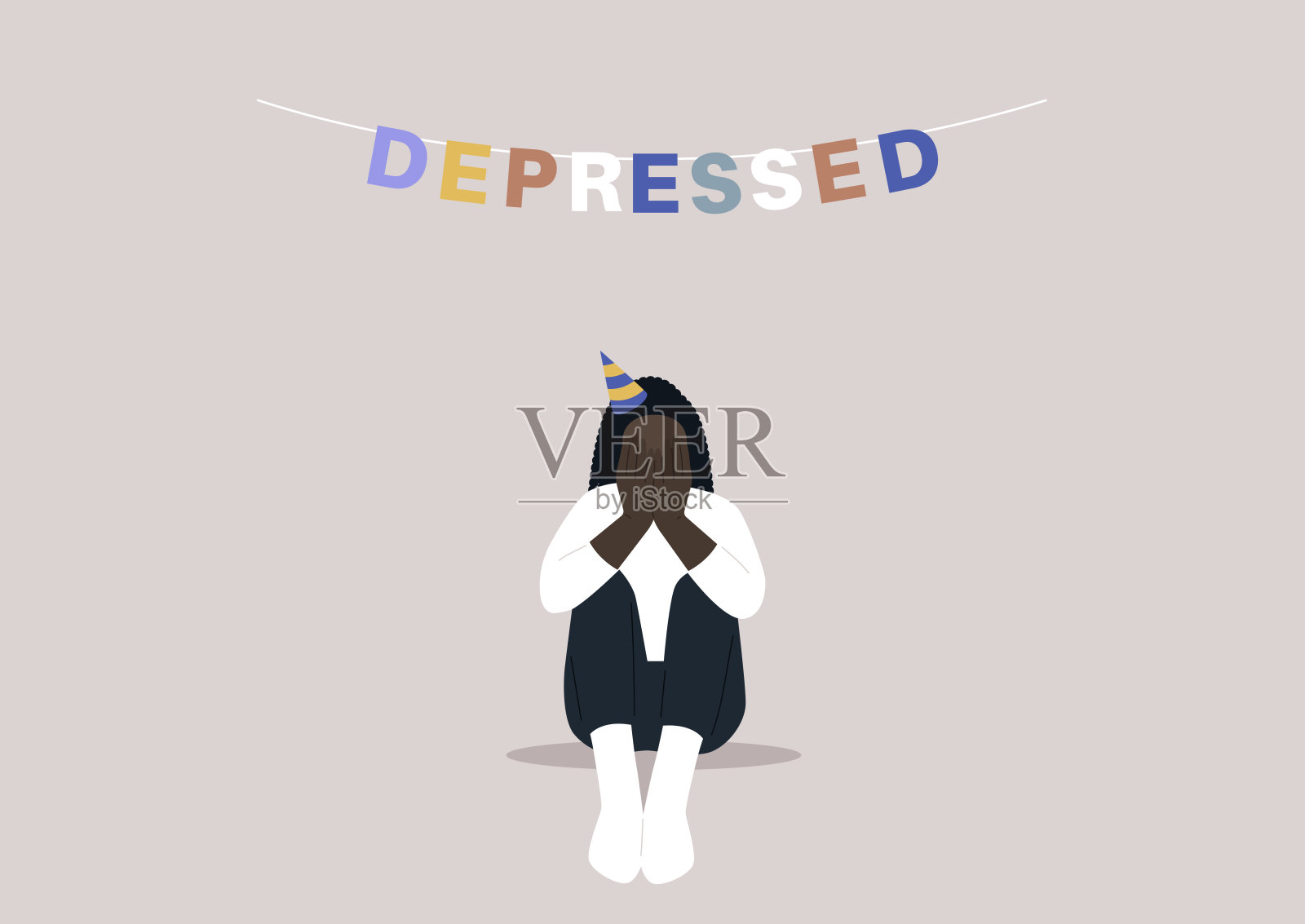 悲伤的生日派对，人物坐在地上，双手捂着脸，花环上写着彩色字母，表达沮丧和情感挑战插画图片素材