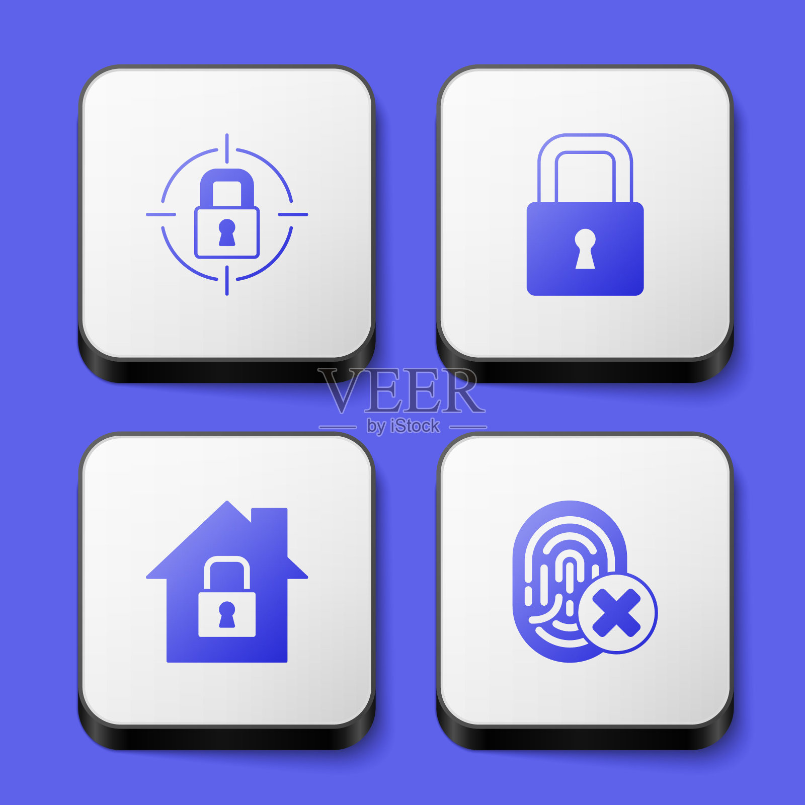 设置锁定，房屋保护和取消指纹图标。白色方形按钮。向量图标素材